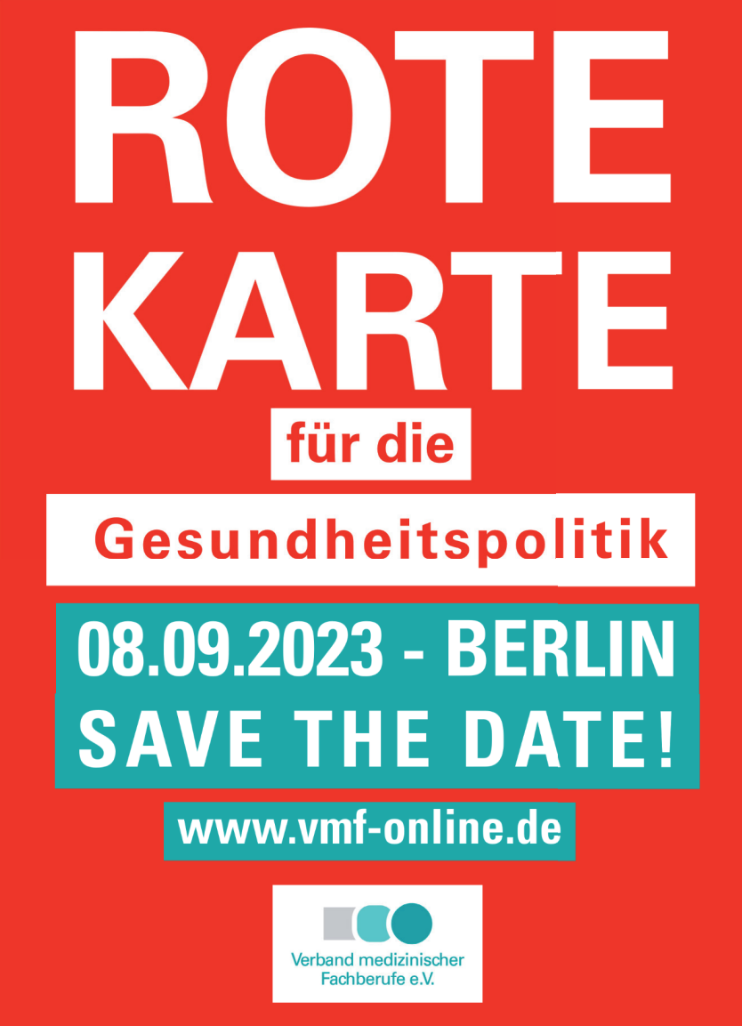 Text: Rote Karte für die Gesundheitspolitik. 08.09.2023 - BERLIN SAVE THE DATE!